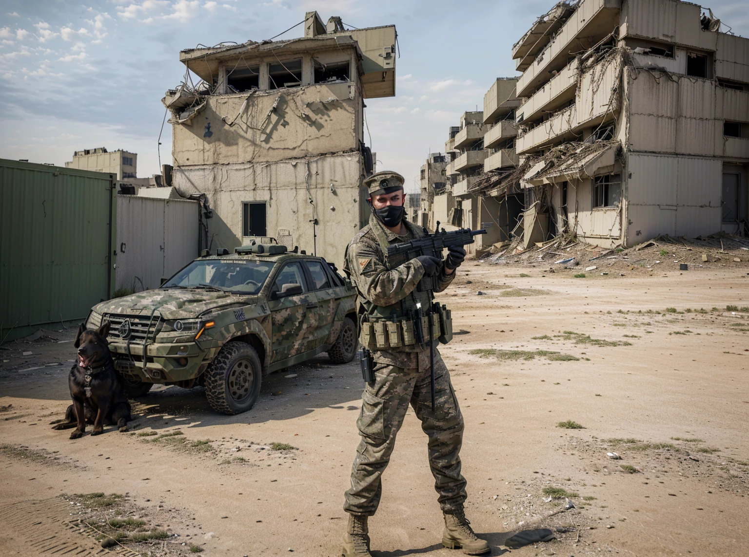 there is a man in camouflage holding a gun and a dog, defending the vast looming city, war in background, military base, military industrial complex, ww 3, ww3, perfect military composure, photo illustration, urban warfare, alpha, military soldier behavior, realistic apocalyptic war scene, warfare, lone wolf, modern war photography, military camp in the background, military
