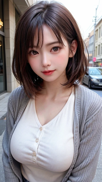 (Face Focus、Very focused、Tilt your head、chestにフォーカス、hyper Realistic、Realistic、Tabletop:1.4, Highest quality:1.4、Add strong highlights to the eyes:1.4、Short shiny hair:1.4 ),One Girl, solo, Short black hair, scarf, hat,, Realistic, Looking at the audience, Light brown eyes,, short hair, coat, Winter clothes, White headscarf, Lips, Lip gloss:1.4，Bans,Mouth closed, Upper body、Big eyes、Eyelashes、((street))、((前髪ありshort hair:1.4、Big eyes、Give students a very strong highlight、{huge|big|hugeな|Mega} chest, chestの谷間、very bigger chest、Staring at the audience、Very beautiful beauty、Listen carefully、Long neck、Smile a little、Please close your mouth and laugh)))、Beautiful adult woman full of charm:1.4、(The autumn leaves are blue when there are no people or cars.々Tree-lined street)