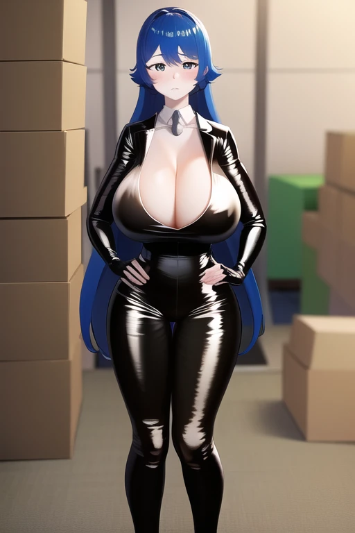(best quality:1.1),(masterpiece:1.4),(absurdres:1.0), 1girl, blue hair, long hair, black eyes, unusual pupils, black latex bodysuit, (closed cleavage:1.3), red tie, full body view, huge breasts, (wide hips:1.2), warehouse, pure white skin, hands on hips
