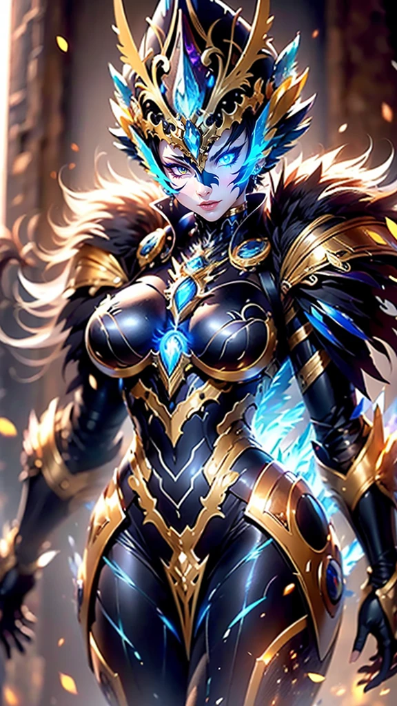 A woman adorned in fantasy-style full-body armor, a crown-concept fully enclosed helmet that unveils only her eyes, a composite layered chest plate, fully encompassing shoulder and hand guards, a lightweight waist armor, form-fitting shin guards, the overall design is heavy-duty yet flexible, (the armor gleams with a golden glow, complemented by red and blue accents), exhibiting a noble aura, she floats above a fantasy-surreal high-tech city, this character embodies a finely crafted fantasy-surreal style armored hero in anime style, exquisite and mature manga art style, (mixture of Queen bee and Spider concept Armor, plasma), ((Element, elegant, goddess, femminine:1.5)), metallic, high definition, best quality, highres, ultra-detailed, ultra-fine painting, extremely delicate, professional, anatomically correct, symmetrical face, extremely detailed eyes and face, high quality eyes, creativity, RAW photo, UHD, 32k, Natural light, cinematic lighting, masterpiece-anatomy-perfect, masterpiece:1.5