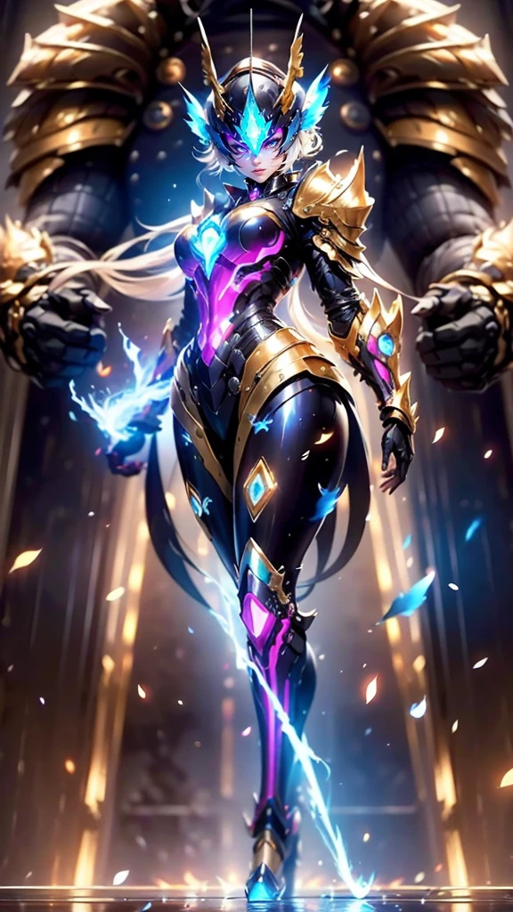 A woman adorned in fantasy-style full-body armor, a crown-concept fully enclosed helmet that unveils only her eyes, a composite layered chest plate, fully encompassing shoulder and hand guards, a lightweight waist armor, form-fitting shin guards, the overall design is heavy-duty yet flexible, (the armor gleams with a golden glow, complemented by red and blue accents), exhibiting a noble aura, she floats above a fantasy-surreal high-tech city, this character embodies a finely crafted fantasy-surreal style armored hero in anime style, exquisite and mature manga art style, (mixture of Queen bee and Spider concept Armor, plasma), ((Element, elegant, goddess, femminine:1.5)), metallic, high definition, best quality, highres, ultra-detailed, ultra-fine painting, extremely delicate, professional, anatomically correct, symmetrical face, extremely detailed eyes and face, high quality eyes, creativity, RAW photo, UHD, 32k, Natural light, cinematic lighting, masterpiece-anatomy-perfect, masterpiece:1.5