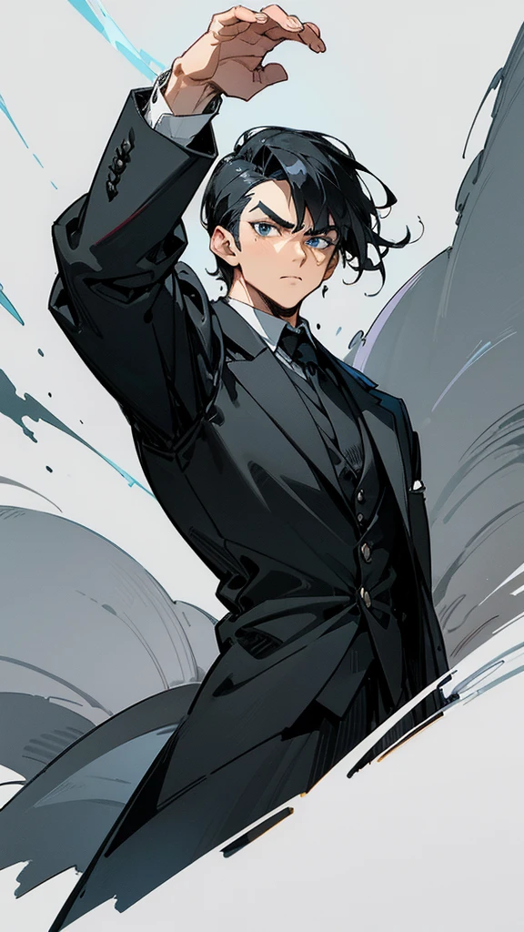 Narrow eyes, droopy eyes, man, black hair, bangs up, formal attire, medieval, fantasy, muscular, character drawing, Cool vigilante intimidating 、front facing vertical face Man with big eyes facing forward  、Slicked back short hair