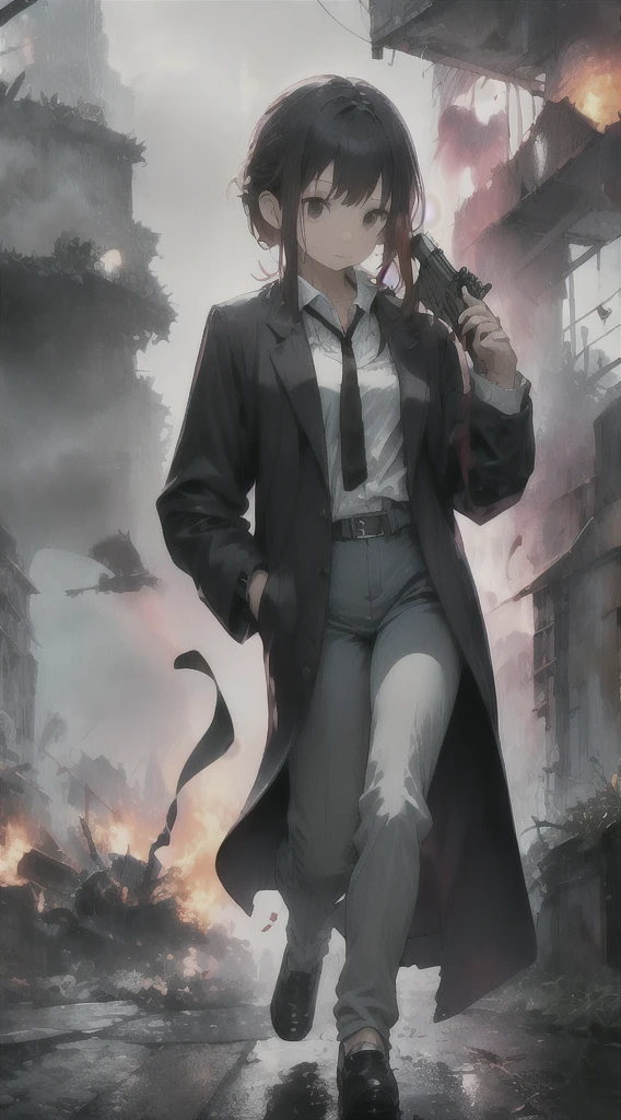 Highest quality, movie quality, scene on the verge of death, ruins, smoking, blood, coat, Gard (35 years old, tsuntsun head, black hair, coat in a suit, holding a gun in hand, lying on back), rain, fog