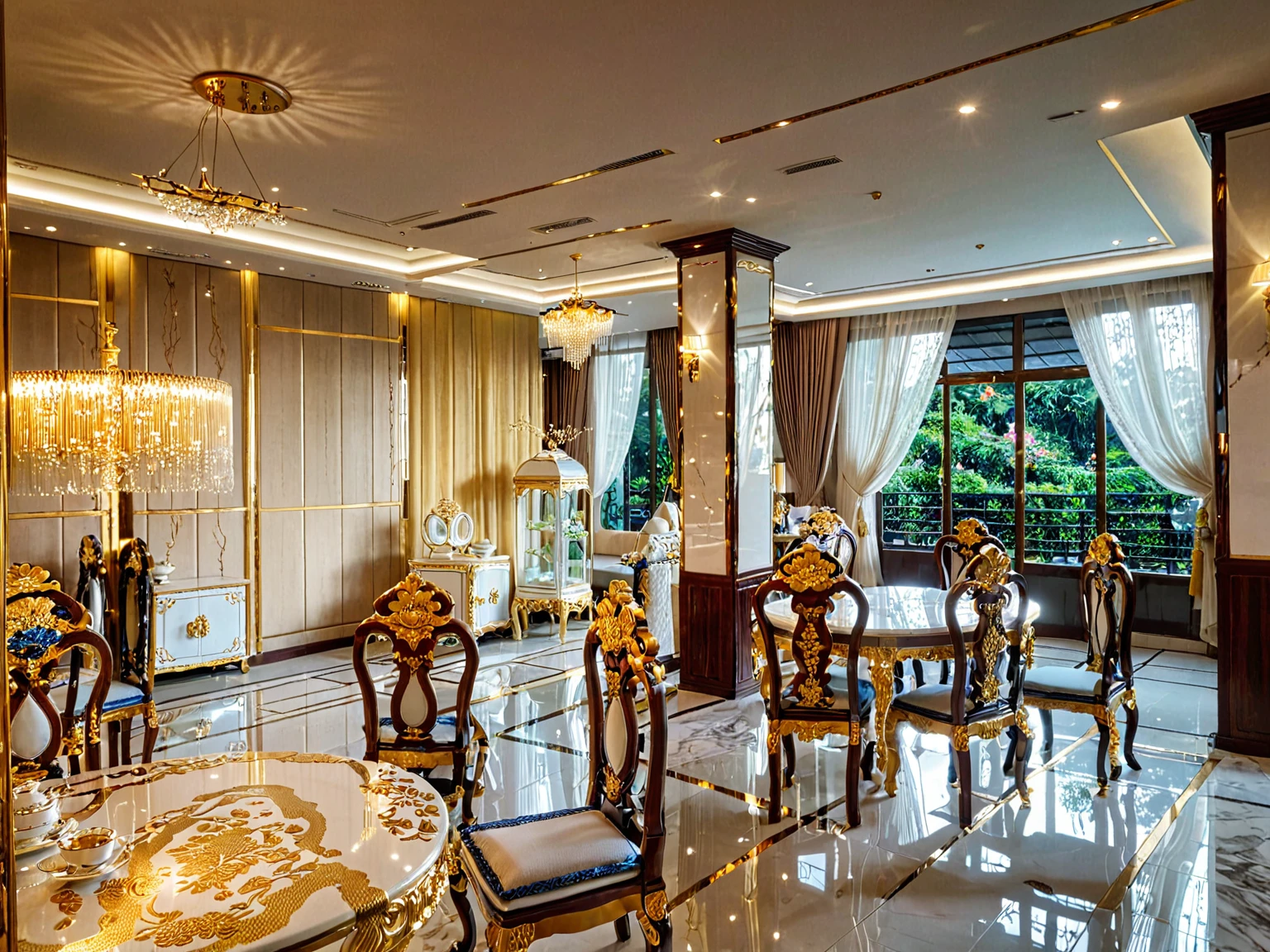 ,Masterpiece, Best quality,8K, Ultra-high resolution,When you step into the dinning room of restaurant room,Immediately surrounded by a rich atmosphere of luxury. It is so comfortable,So much so that you can't help but indulge in it。Embellished with precious porcelain and white-off gold ornaments。Whenever it is late afternoon,The afterglow from the window spilled on the floor,Soft light and shadow are reflected,It was as if entering a dreamland. ((Wooden chair and table : 1.3)), MIRROR COVER THE COLUMN