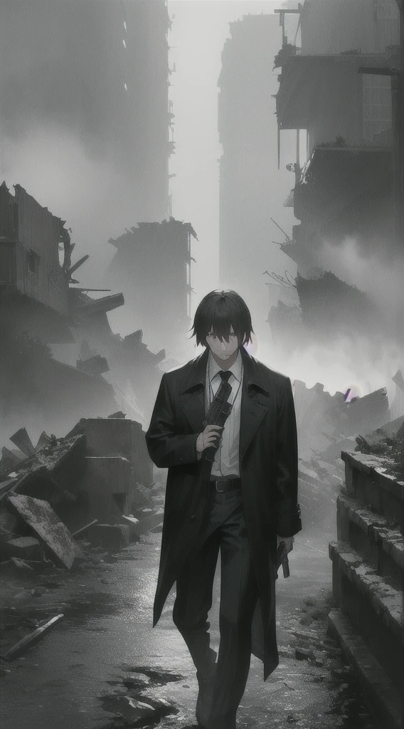 Highest quality, movie quality, scene on the verge of death, ruins, smoking, blood, coat, man (35 years old, tsuntsun head, black hair, coat in a suit, holding a gun in hand, lying on back), rain, fog