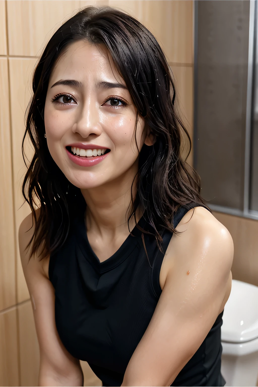 do, Highest quality, (Highly detailed CG Unity 8k wallpaper), (Highest quality),Edge Orgasm、face focus、Woman with open mouth and closed eyes、Edgy Woman_face、30 years old、Black Hair、Very small toilet、((Sweat) ),((Sweat and glowing skin))((Sweat makes your collarbone shine,A face that shines with sweat)),（(Sweaty skin))((Sweaty skin)),