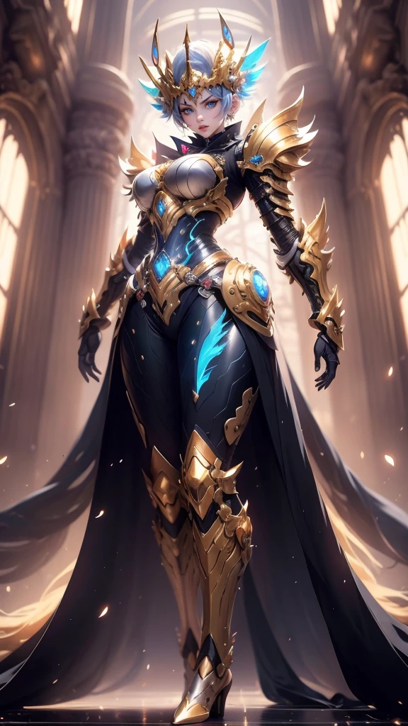 A woman adorned in fantasy-style full-body armor, a crown-concept fully enclosed helmet that unveils only her eyes, a composite layered chest plate, fully encompassing shoulder and hand guards, a lightweight waist armor, form-fitting shin guards, the overall design is heavy-duty yet flexible, (the armor gleams with a golden glow, complemented by red and blue accents), exhibiting a noble aura, she floats above a fantasy-surreal high-tech city, this character embodies a finely crafted fantasy-surreal style armored hero in anime style, exquisite and mature manga art style, (mixture of Queen bee and Spider concept Armor, plasma), ((Element, elegant, goddess, femminine:1.5)), metallic, high definition, best quality, highres, ultra-detailed, ultra-fine painting, extremely delicate, professional, anatomically correct, symmetrical face, extremely detailed eyes and face, high quality eyes, creativity, RAW photo, UHD, 32k, Natural light, cinematic lighting, masterpiece-anatomy-perfect, masterpiece:1.5