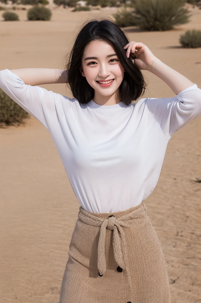 22-year-old girl, with gray eyes, pale white skin, slim figure, smiling, black hair, fashionable, photo taken with an ultra-realistic professional camera, she is in a desert place and she is very happy