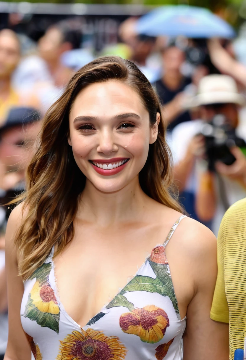  high quality  Erotic paparazzi photograph  of GalGadot as Elizabeth Olsen  ( elixolsen , photorealistic , marvel ) on beach, smiling , big  , tight blouse , random erotic photograph , she is wearing a sweaty blouse, warm environment , bright sun , fit muscular woman  ,  (( depth of field, insanely detailed skin texture, hyper detailed features ))