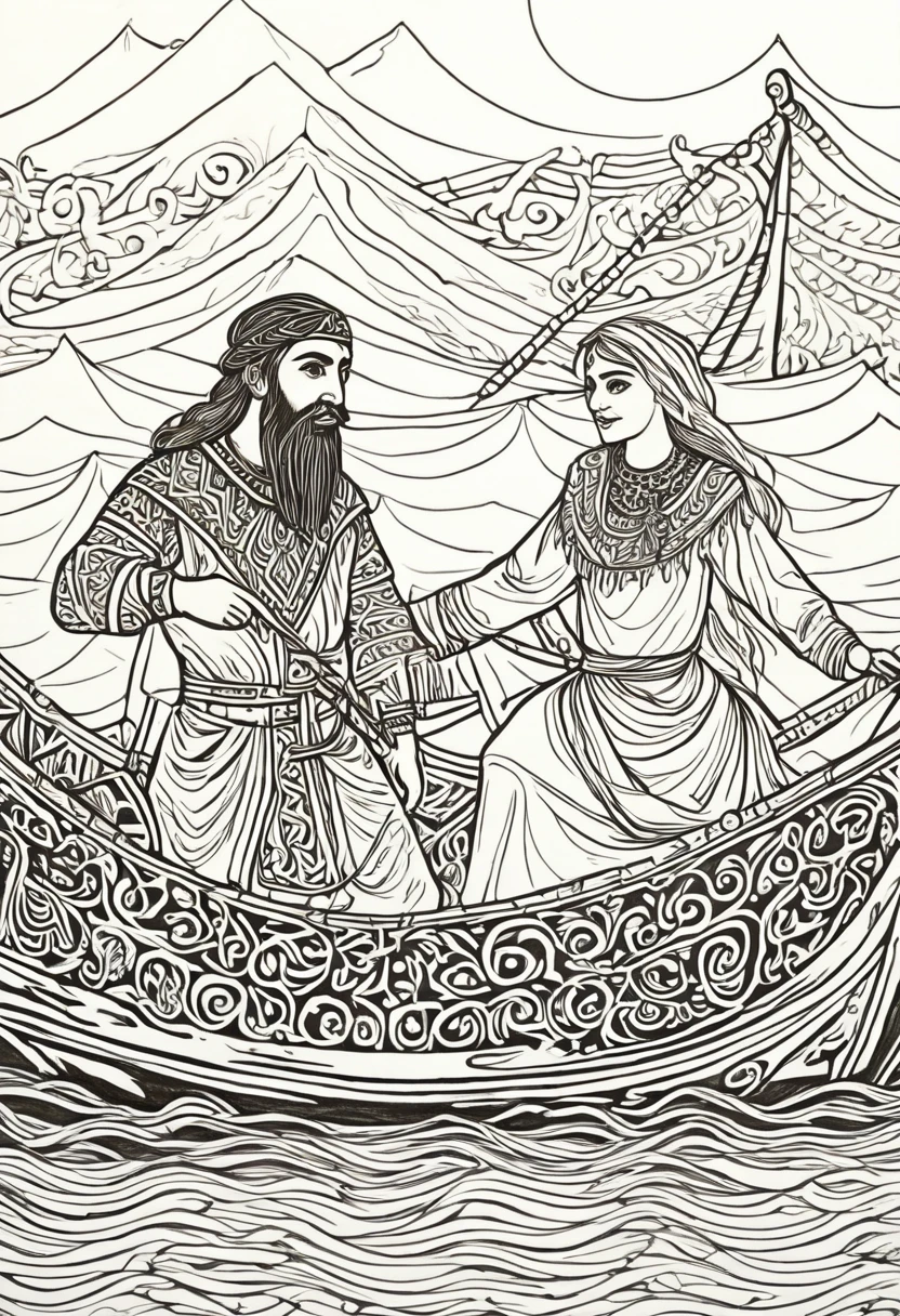 a close up of a drawing of two people on a boat, folkloric illustration, slavic folk fairytale, а fantasy proto-slavic mythology, persian folklore illustration, slavic folklore symbols, by Maksimilijan Vanka, slavic style, slavic mythology, by Grytė Pintukaitė, by Elina Karimova