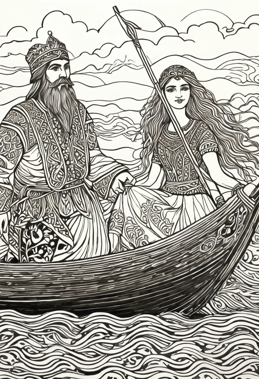 a close up of a drawing of two people on a boat, folkloric illustration, slavic folk fairytale, а fantasy proto-slavic mythology, persian folklore illustration, slavic folklore symbols, by Maksimilijan Vanka, slavic style, slavic mythology, by Grytė Pintukaitė, by Elina Karimova