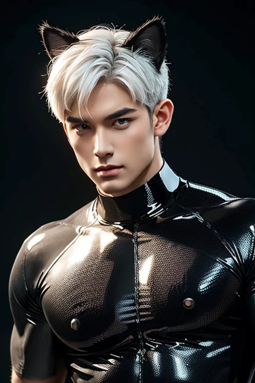Quarter body shot of a handsome hunky celestial white haired Lunaris wearing a light gray and silver swirls and twirls filigree latex spandex and gloves standing firmly face frontal camera focus asymmetrical face details,charachter, beautiful, devian art, trending artstation, digital art, detailed, realistic, humanoide, character,cinematic sho ,cinematic lights, high textures, high resolution, dreamlikeart, 8k, highly detailed, stabilized diffusion. Detailed face and fingers.