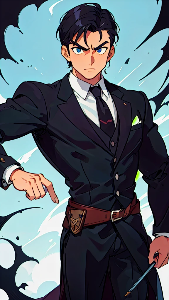 Narrow droopy eyes, man, black hair, bangs up, formal attire, medieval, fantasy, muscular, character drawing, Cool vigilante intimidating 、front facing vertical face Man with big eyes facing forward  、Slicked back short hair