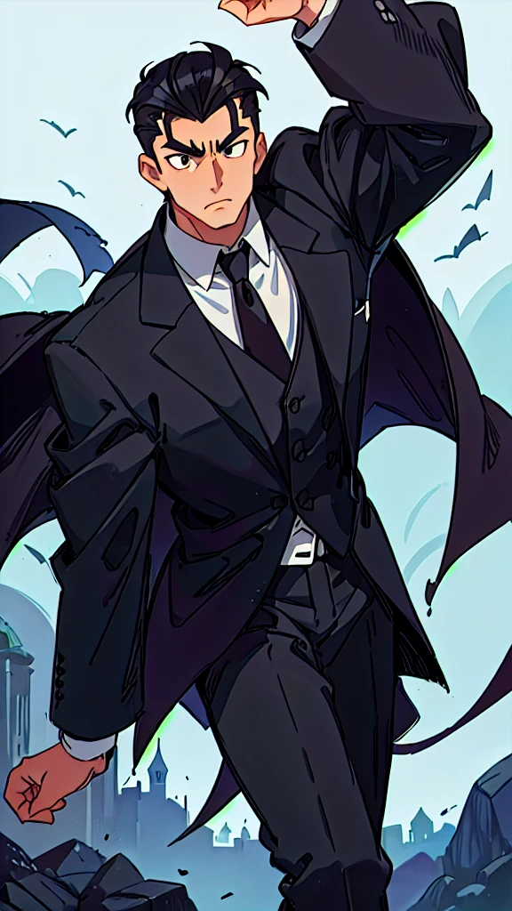 Narrow droopy eyes, man, black hair, bangs up, formal attire, medieval, fantasy, muscular, character drawing, Cool vigilante intimidating 、front facing vertical face Man with big eyes facing forward 、Slicked back short hair