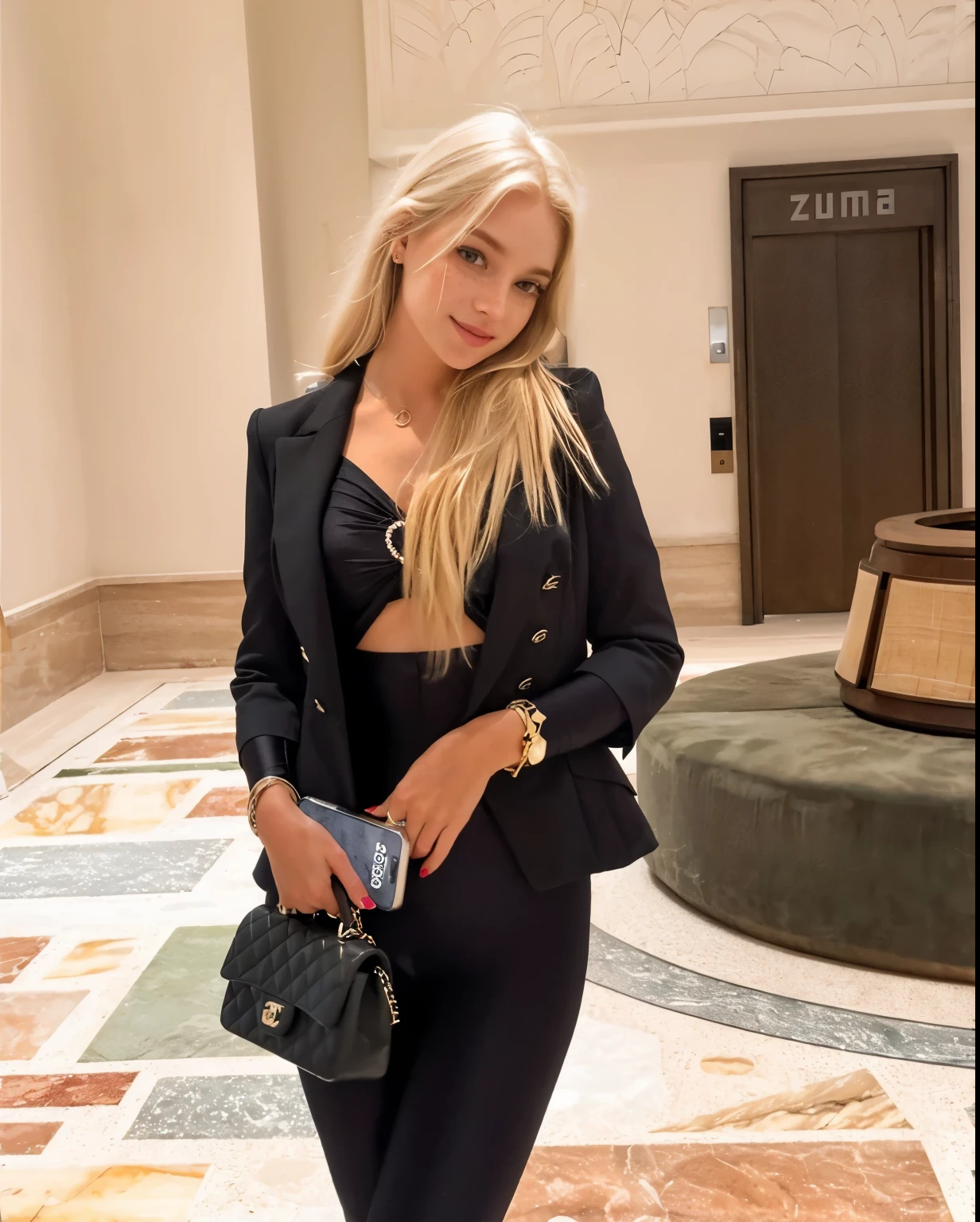 uma mulher, americana, 25 anos, pale skin and freckles, olhos cinzas, nariz delicado, soft and delicate lips, longo, cabelo blondie longo e ondulado na altura da cintura, sorriso meigo, face with delicate feminine facial features, altamente renderizado