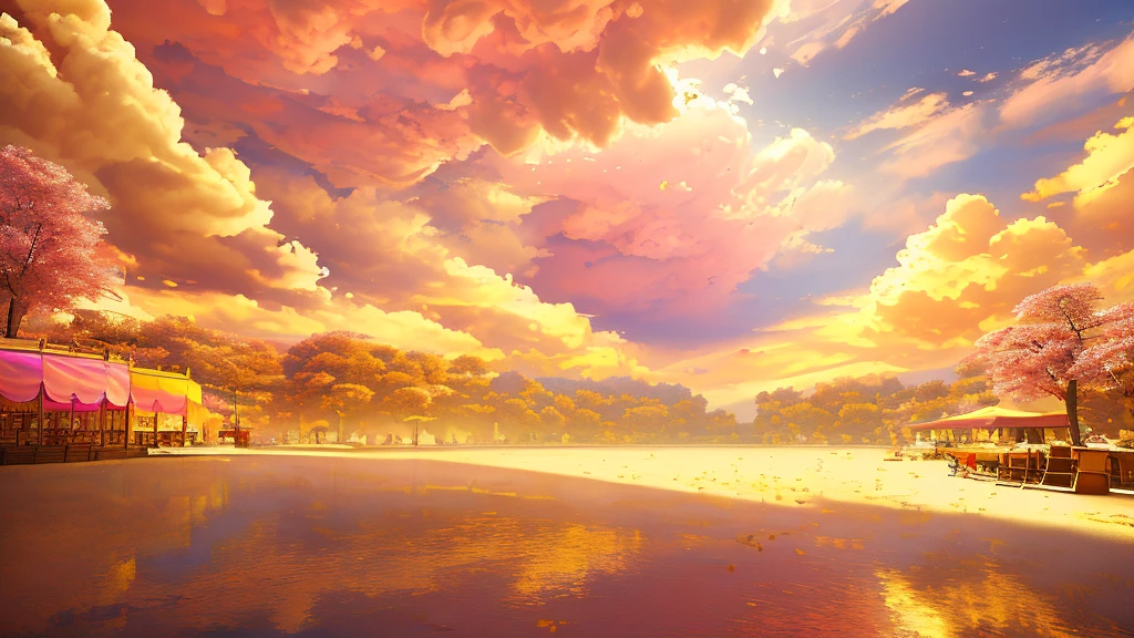 A beautiful painting of Pink yellow multi-layer dessert room, yellow light, many large and small desserts scattered in the clouds, many layers of clouds, dreamlike color, sweet atmosphere,Thomas Kinkade, Ross Tran,ultradetailed, 4k, Trending on artstation.