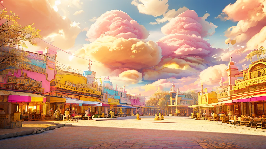 A beautiful painting of Pink yellow multi-layer dessert room, yellow light, many large and small desserts scattered in the clouds, many layers of clouds, dreamlike color, sweet atmosphere,Thomas Kinkade, Ross Tran,ultradetailed, 4k, Trending on artstation.