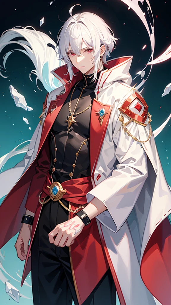 Manhwa/ big boy grown up man white hair
tip of hair long-short hair red-pink. Wear triangular eyes cold face. arm tattoo hand Cloak on the head Use crystal power lots water