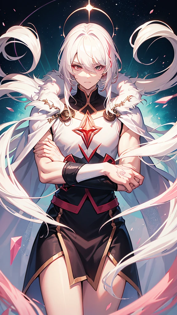 Manhwa/ big boy grown up man white hair 
 tip of hair long-short hair red-pink. Wear triangular eyes cold face. arm tattoo hand Cloak on the head  Use crystal power lots water