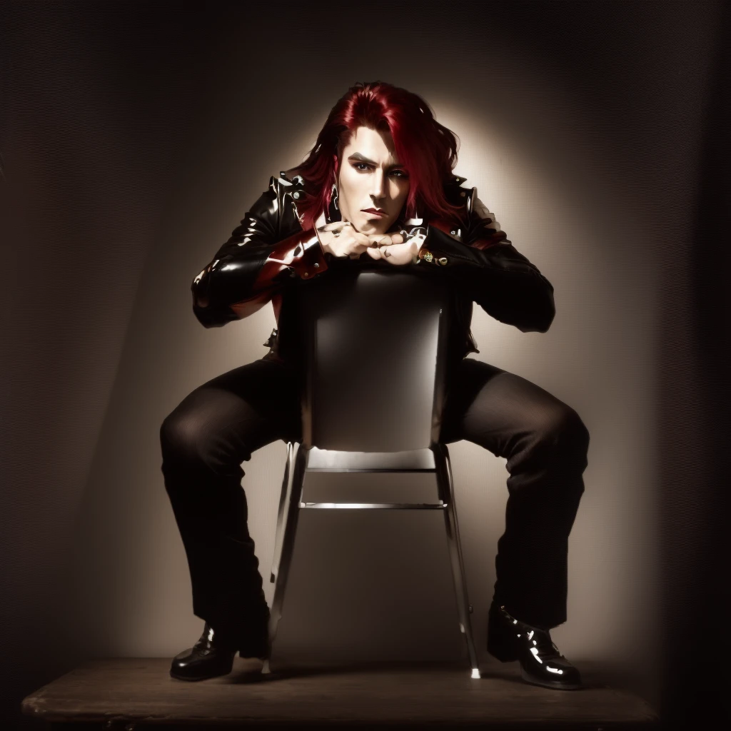 A male heavy metal glam rock singer in colorful leather clothing with rivets and rhinestones is sitting backwards on a chair before the camera.