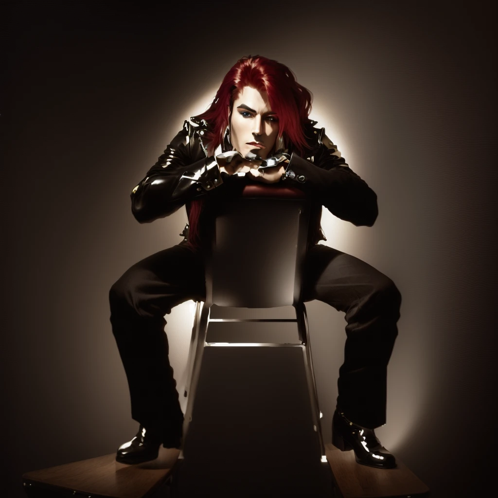 A male heavy metal glam rock singer in colorful leather clothing with rivets and rhinestones is sitting backwards on a chair before the camera.