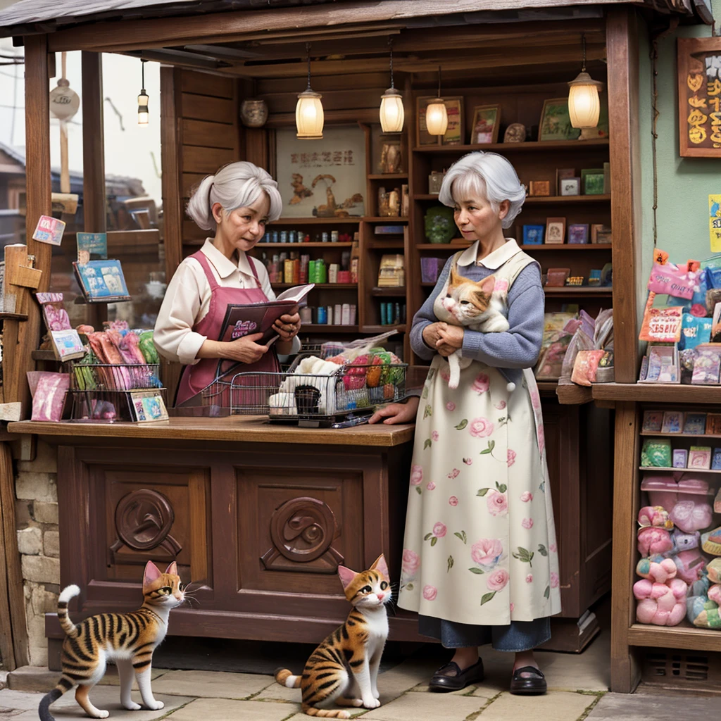 Inside the pet shop、Old woman standing near the cash register、1 calico kitten、Girl with a kitten in her arms、The girl gives money to the old woman