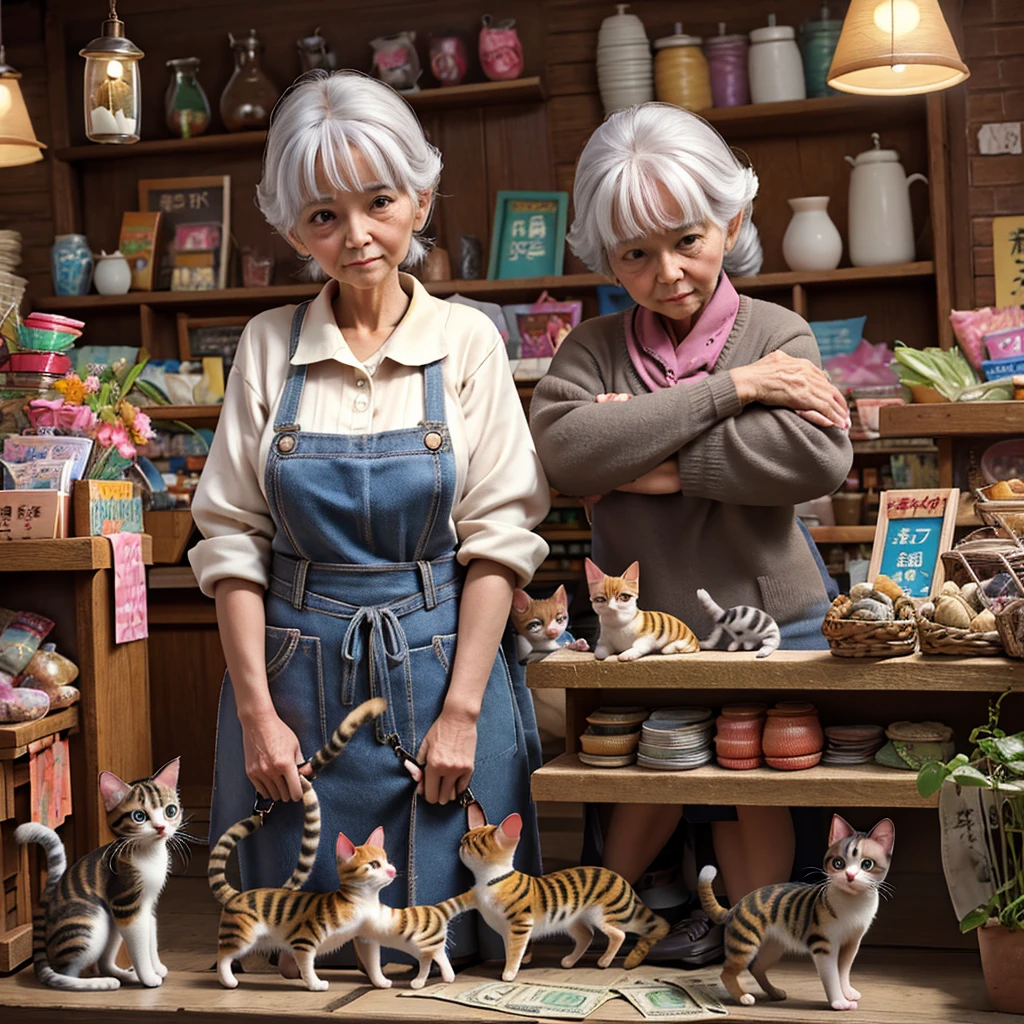 Inside the pet shop、Old woman standing near the cash register、1 calico kitten、Girl with a kitten in her arms、The girl gives money to the old woman
