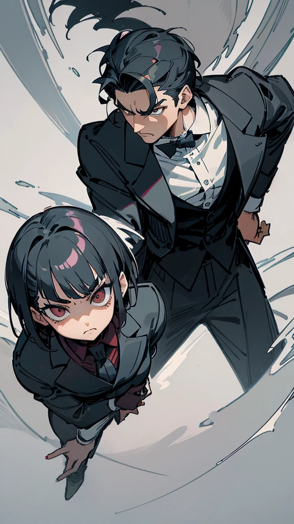 Narrow eyes, droopy eyes, man, black hair, bangs up, formal attire, medieval, fantasy, muscular, character drawing, Cool vigilante intimidating 、front facing vertical face Man with big eyes facing forward  、Slicked back short hair