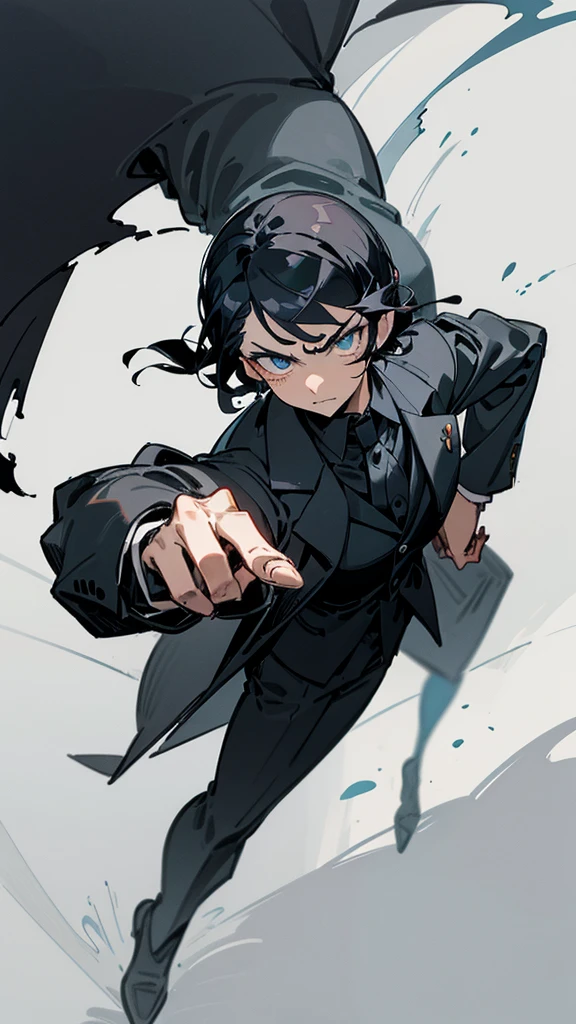 Narrow eyes, droopy eyes, man, black hair, bangs up, formal attire, medieval, fantasy, muscular, character drawing, Cool vigilante intimidating 、front facing vertical face Man with big eyes facing forward  、Slicked back short hair