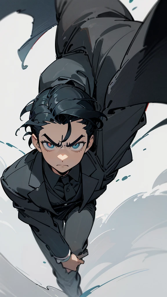 Narrow eyes, droopy eyes, man, black hair, bangs up, formal attire, medieval, fantasy, muscular, character drawing, Cool vigilante intimidating 、front facing vertical face Man with big eyes facing forward  、Slicked back short hair