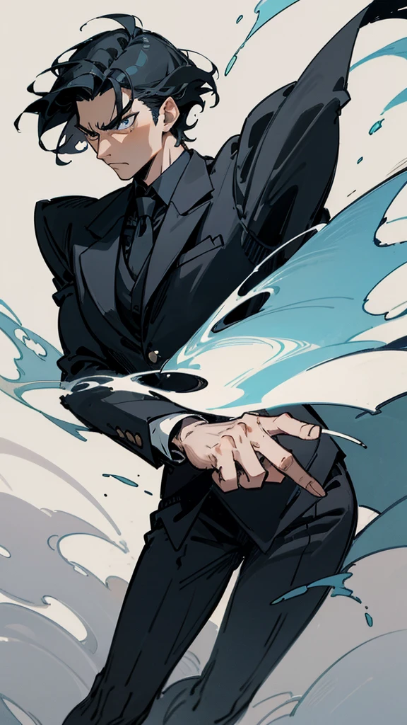 Narrow eyes, droopy eyes, man, black hair, bangs up, formal attire, medieval, fantasy, muscular, character drawing, Cool vigilante intimidating 、front facing vertical face Man with big eyes facing forward  、Slicked back short hair