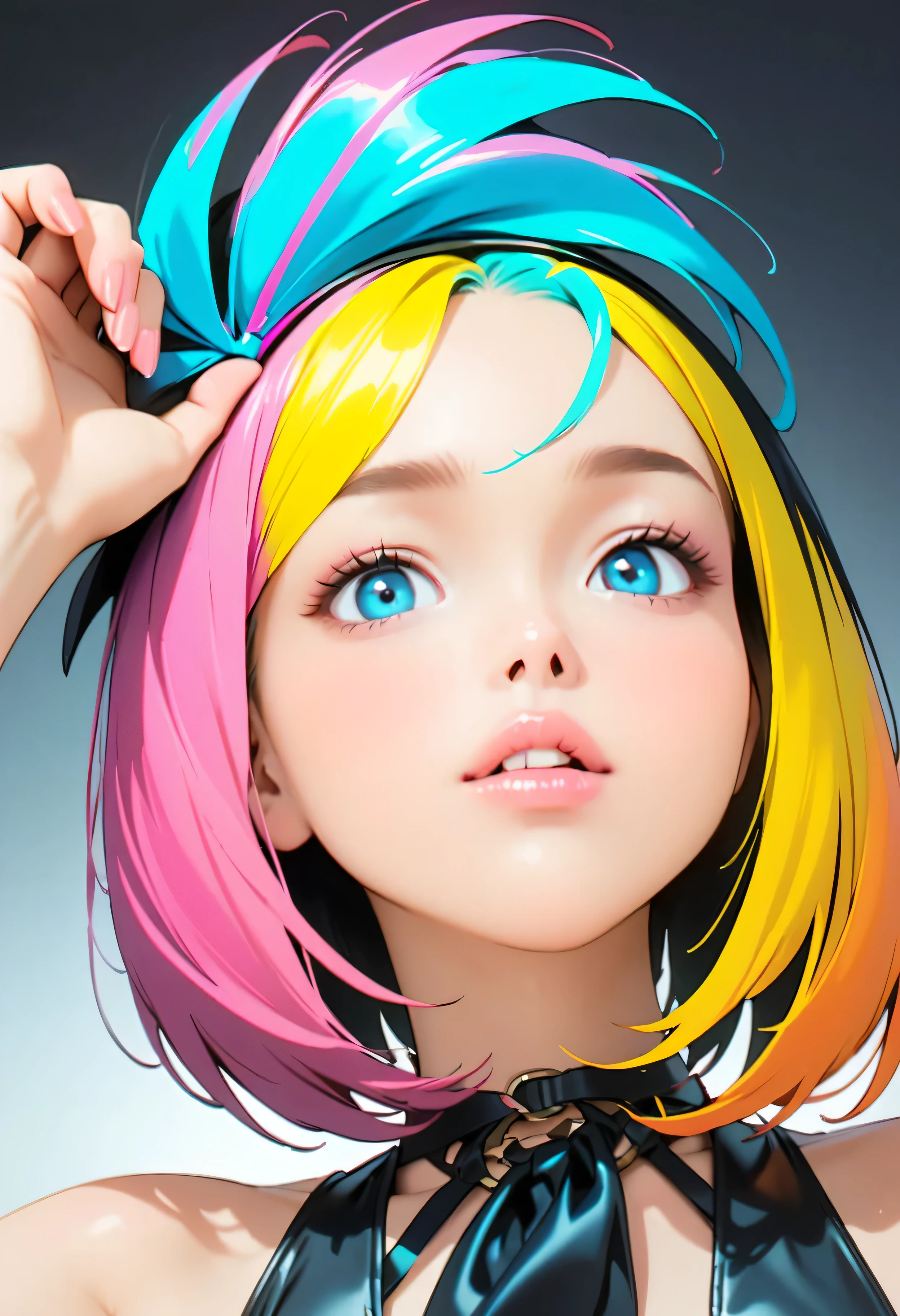 (Highest quality:1.2, City Pop Style, Very detailed, up to date, Vibrant, High Contrast, masterpiece:1.2, Highest quality, Best aesthetics), girl, ((Face Up Shot:1.4)), Colorful Hair, Bobcut, pastel colour, 1980s style, ((Retro, Vintage, Plain background))
