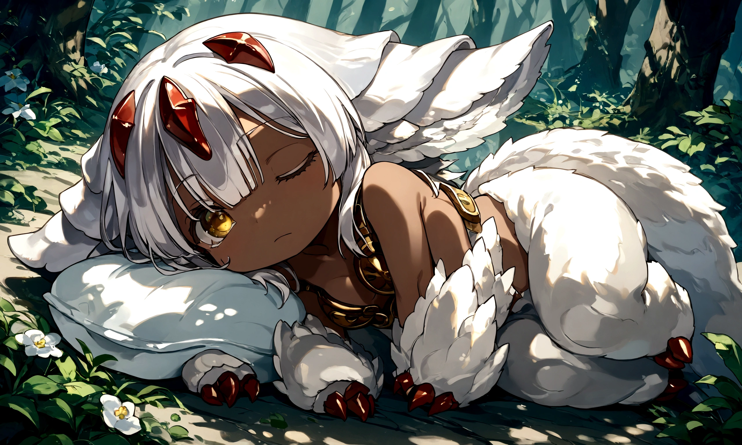 (score_9, score_8_up), score_7_up, score_6_up,masterpiece,hd,best quality, source_anime,rating_safe, solo,1female\(Faputa\(made in abyss\),(chibi:1.5),dark skin,dark-skinned girl,white hair,short hair,(4arms:1.3),red claws,multiple tails,yellow eyes,white fur,animal ears,metal bra with no strap,age of 8,,(sleeping:1.5),she is the princess of abyss,\) is (Curled up and sleeping:1.5), BREAK ,background\(magnificent spectacle nature,strange flowers\), BREAK ,quality\(8k,wallpaper of extremely detailed CG unit, ​masterpiece,hight resolution,top-quality,top-quality real texture skin,hyper realisitic,increase the resolution,RAW photos,best qualtiy,highly detailed,the wallpaper,cinematic lighting,ray trace,golden ratio\),[nsfw:2.0],dynamic angle,,from above