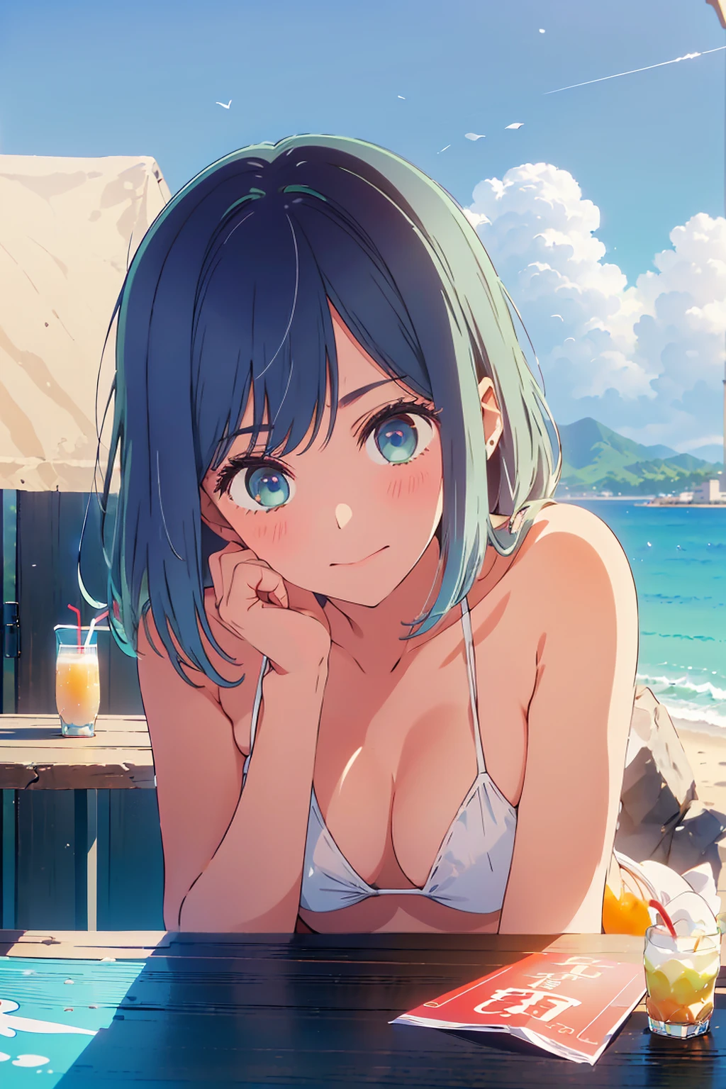 Highest quality,8k,detailed,F cup bust、Big Breasts、Slim and beautiful arms、Slim body、Very white beautiful skin、((((1 person、smile、Thin white bikini、smile、sit、In the background are the urban buildings of Tokyo、Outdoor café terrace、Drink juice、Cheek resting on hand、coastal、table、looking at the camera、Shooting from an angle、Very cute face、Shooting from a distance))))、Very blue sky、A completely cloudless sky、She tilted her head slightly、The atmosphere is bright and lively、The woman is at the center of the image。