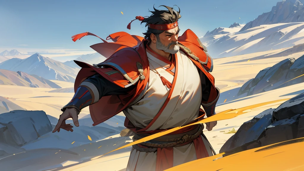 A huge middle-aged man wearing Chinese armor, revealing his upper body, commanded his ancient army to advance among the small mountains.