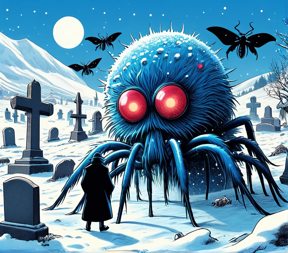 Big Blue Bacteria Spider Moth Monster Man on Graveyard at Snow, Style of Futurama 