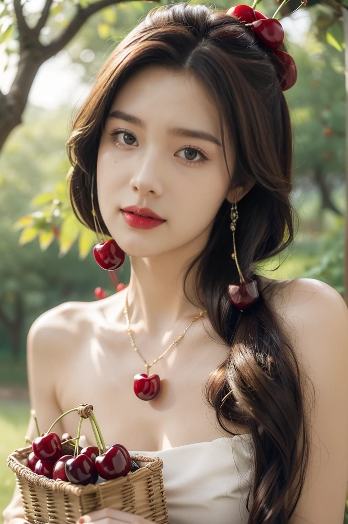 (((best quality))),(((ultra detailed))),(((masterpiece))),illustration,1 beautiful girl,solo,earrings,necklace,medium straight hair,slim,flat chest,strapless red bra,summer,(cherry orchard full of red cherries:1.3),sunlight,dappled light,fair skin,smile,(ripest cherries on the trees:1.3),red lips,peaceful,summer breeze,hair fluttering,setting sun,radiant hue,beauty grace,basket,close-up of face
