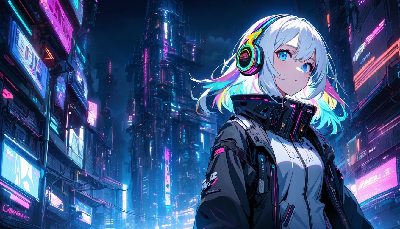 Handsome cute, Solitary, 1 female, Medium Length Hair, white hair, Rainbow hair, blue Eyes, Rainbow headphone, white food, Futuristic, Cyberpunk, Cybernetics panoramic, in the night,