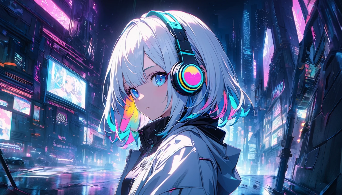 Handsome cute, Solitary, 1 female, Medium Length Hair, white hair, Rainbow hair, blue Eyes, Rainbow headphone, white food, Futuristic, Cyberpunk, Cybernetics panoramic, in the night, 