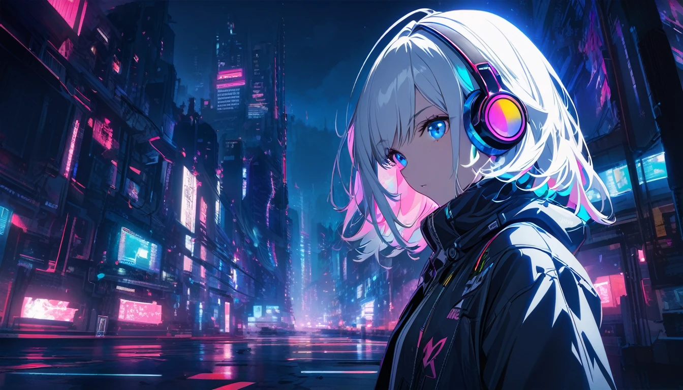 Handsome cute, Solitary, 1 female, Medium Length Hair, white hair, Rainbow hair, blue Eyes, Rainbow headphone, white food, Futuristic, Cyberpunk, Cybernetics panoramic, in the night,