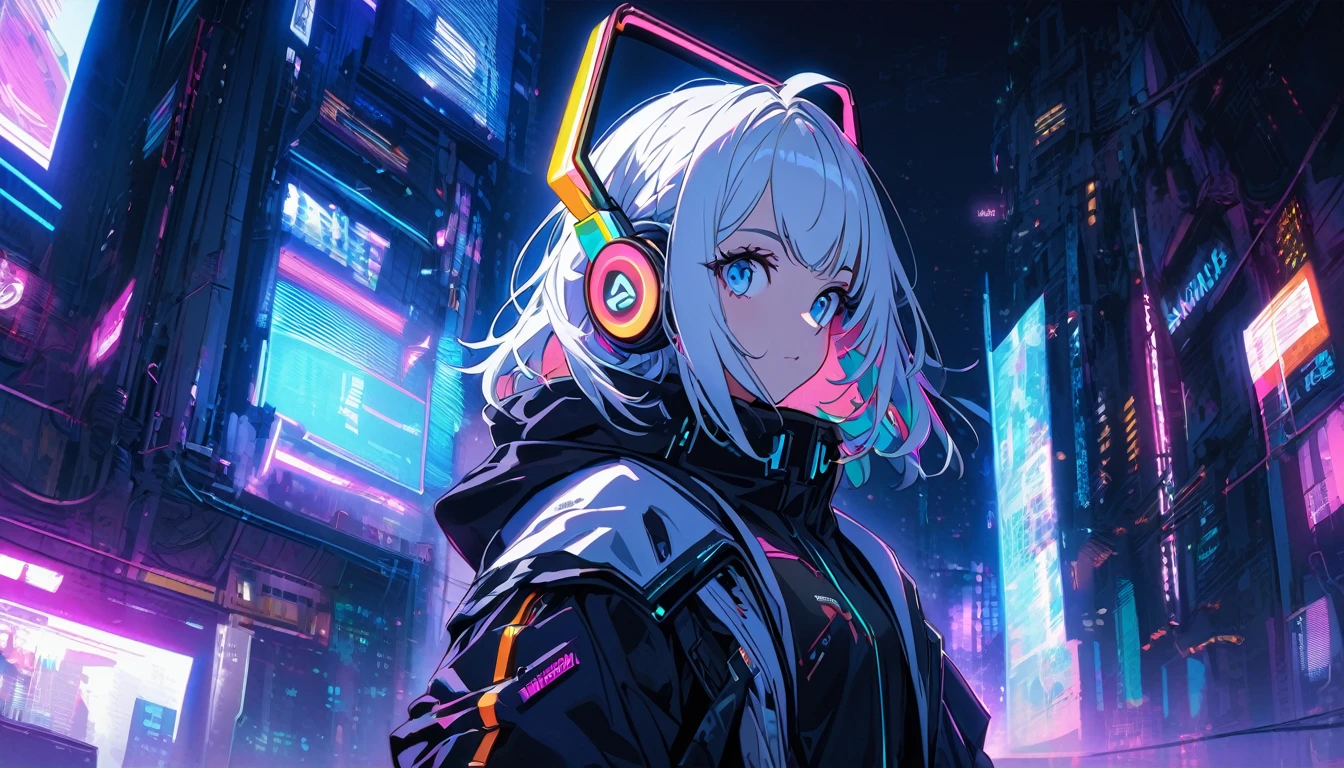 Handsome cute, Solitary, 1 female, Medium Length Hair, white hair, Rainbow hair, blue Eyes, Rainbow headphone, white food, Futuristic, Cyberpunk, Cybernetics panoramic, in the night, 