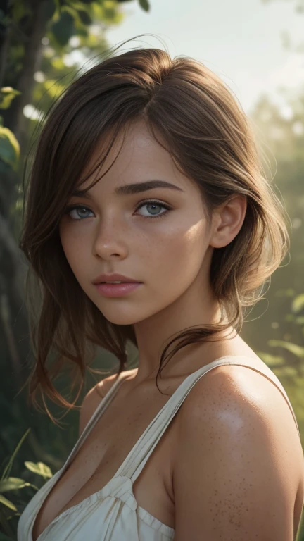 a beautiful woman with natural imperfections, soft skin, freckles, beauty marks, tousled hair, wandering gaze, natural light, natural environment, serene, calming, nostalgic, warm tones, cinematic, masterpiece, highly detailed, photorealistic, 8k