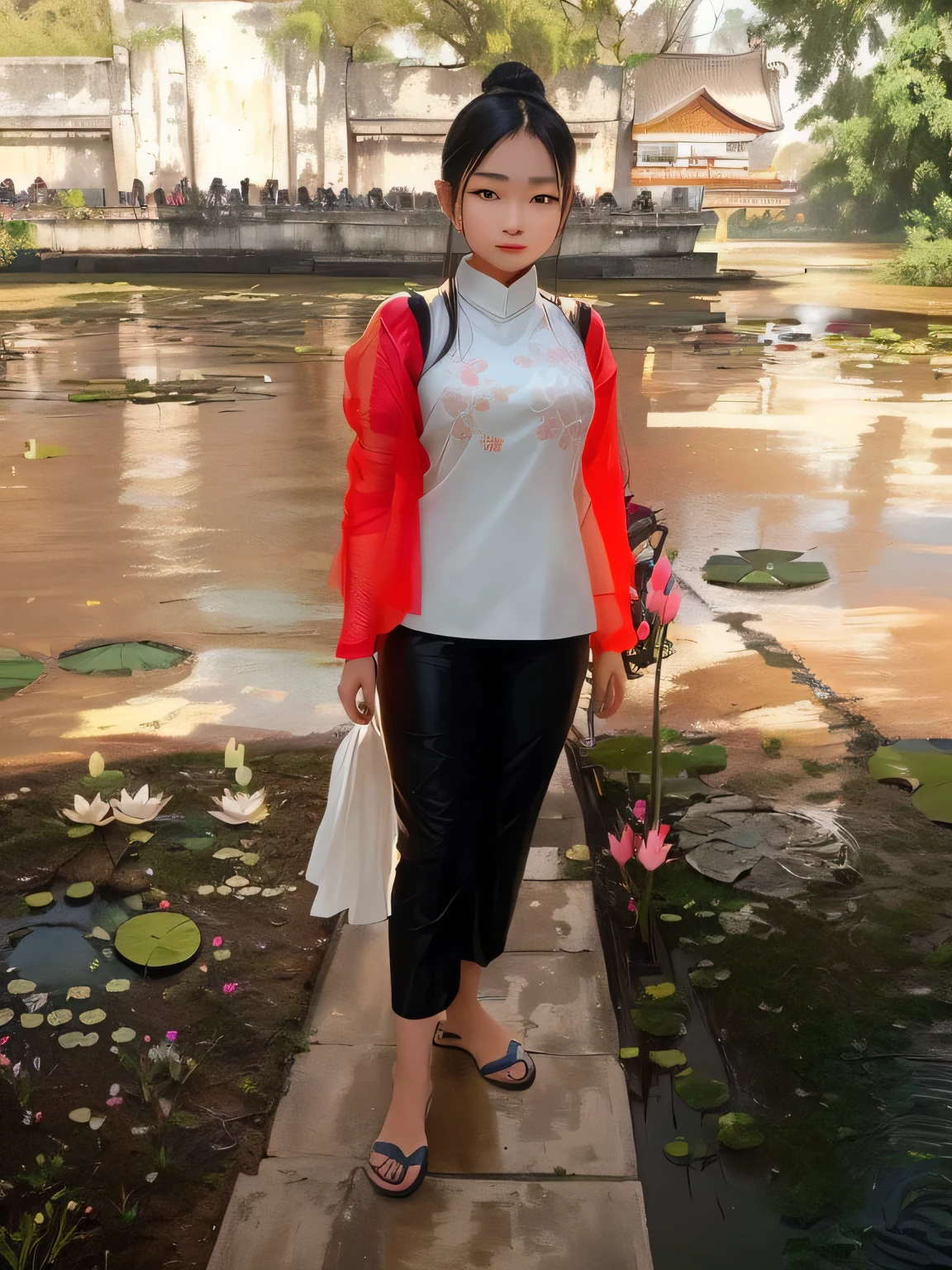 there is a young girl standing on a bridge over a body of water, nivanh chanthara, she is walking on a river, in a pond, dang my linh, standing in a pond, standing gracefully upon a lotus, in style of lam manh, at the waterside, standing next to water, with lovely look, vietnamese woman