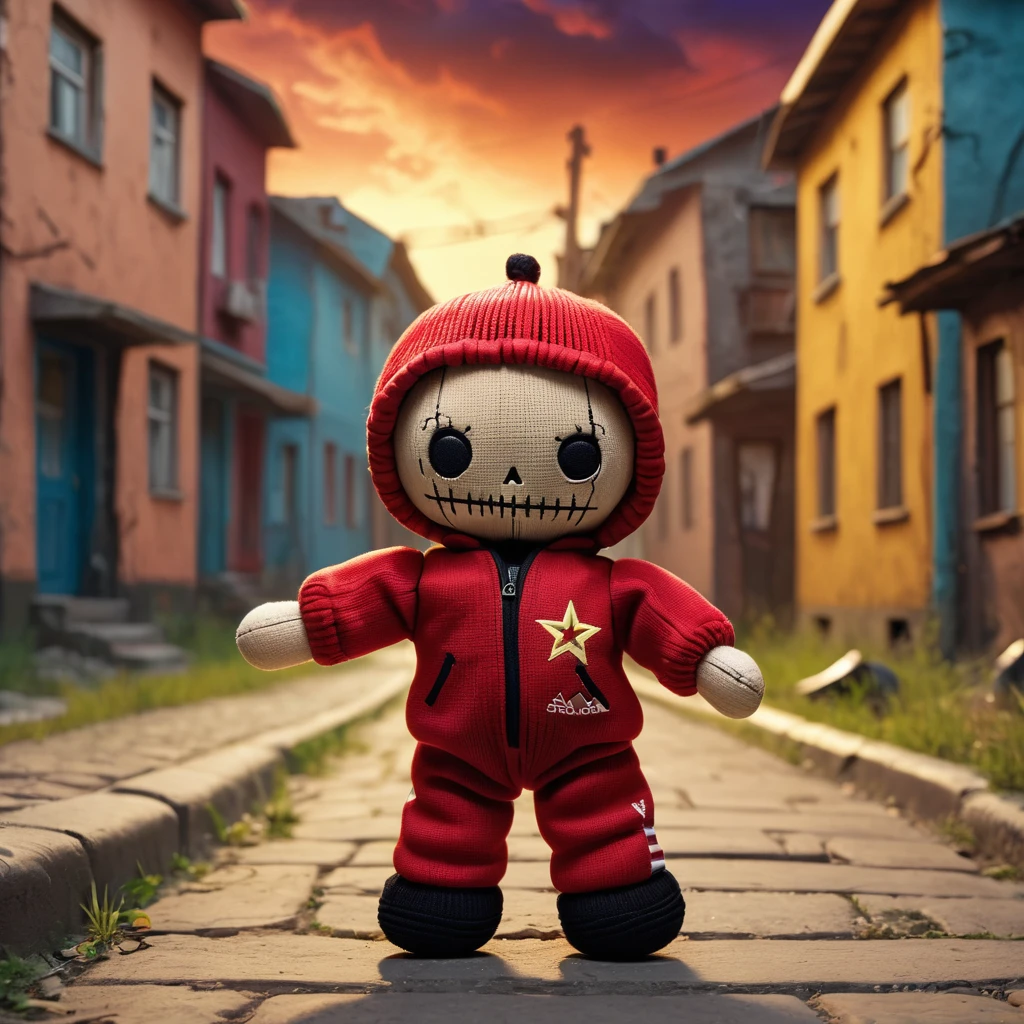 (knitted toy voodoo doll:1.2), Voodoo on the street, Clothes tracksuit adidas, in the background panel houses of the ussr, atmosphere of the ussr, best quality, masterpiece, soft oil painting, detailed background, dramatic cinematic lighting, soft edge lighting, professional, dramatic lighting, hard edge lighting, ultra quality, 4k, masterpiece, best quality, 8k, super high definition, high de