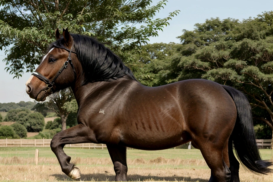 side view of a Big fat  shire horse stallion emitting jet of light green from bum , in a grass field. being ridden by a nude BBW very full figured dark skinned nude African woman
