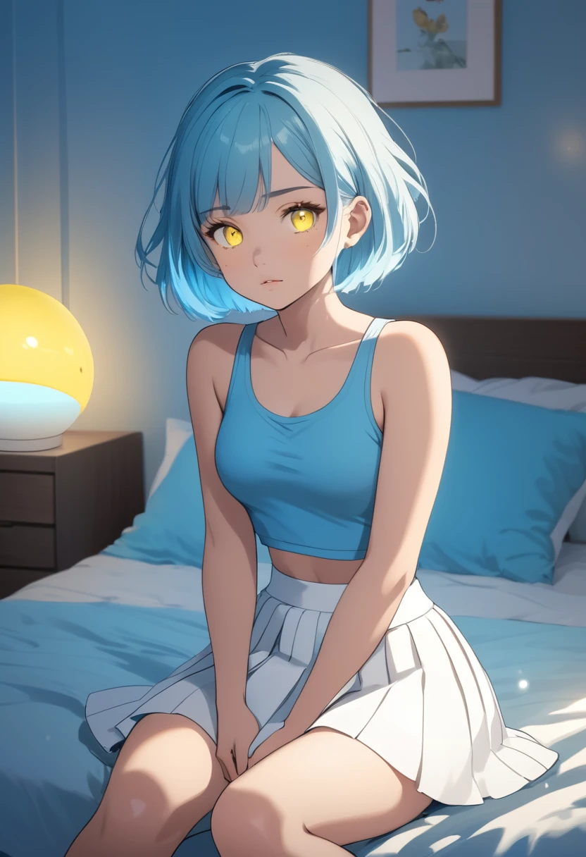 a young girl with short cyan hair and yellow glowing eyes, is wearing a blue crop top and a white skirt. she is sitting on her bed in a cozy and neatly decorated bedroom. ((high quality 2.0)) ((High Resolution 1.3))