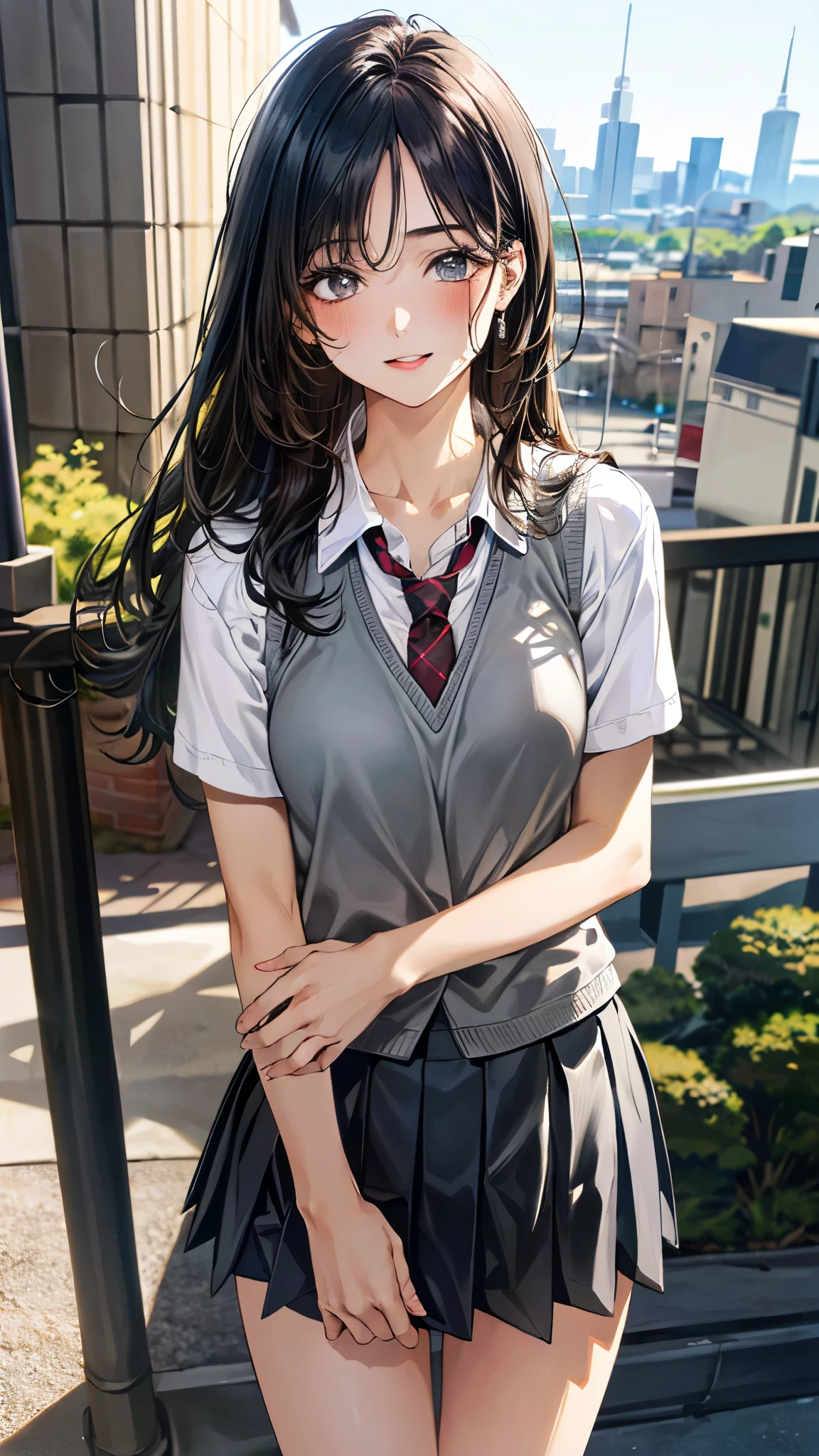 (masterpiece:1.3, top-quality, ultra high res, ultra detailed), (realistic, photorealistic:1.4), beautiful illustration, perfect lighting, natural lighting, colorful, depth of fields, ,
beautiful detailed hair, beautiful detailed face, beautiful detailed eyes, beautiful clavicle, beautiful body, beautiful chest, beautiful thigh, beautiful legs, beautiful fingers, shiny skin,
looking at viewer, 1 girl, high school girl, (perfect anatomy, anatomically correct, super detailed skin), cute and symmetrical face, babyface, perfect face, perfect eyes, ,
(long hair:1.4, straight hair:1.2, black hair), swept bangs, grey eyes, big eyes, drooping eyes, long eye lasher, (medium , seductive thighs), slender, skin dendation,
detailed cloth texture, break, (short sleeve white collared shirt), break, (light grey vest:1.2), break, (grey pleated skirt), break, tie, break,
(beautiful scenery), summer, evening, (cityscape:1.2), standing, hands on chest, (lovely smile, upper eyes, parted lips),