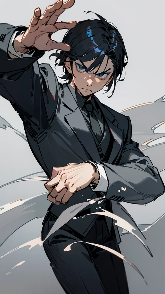 Narrow droopy eyes, man, black hair, bangs up, formal attire, medieval, fantasy, muscular, character drawing, Cool vigilante intimidating 、front facing vertical face Man with big eyes facing forward  、Slicked back short hair