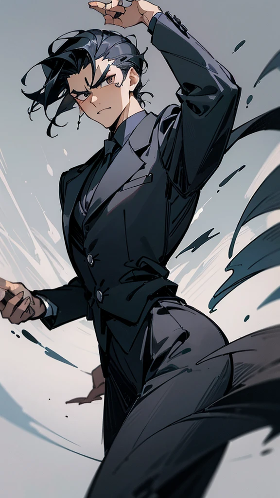 Narrow droopy eyes, man, black hair, bangs up, formal attire, medieval, fantasy, muscular, character drawing, Cool vigilante intimidating 、front facing vertical face Man with big eyes facing forward  、Slicked back short hair