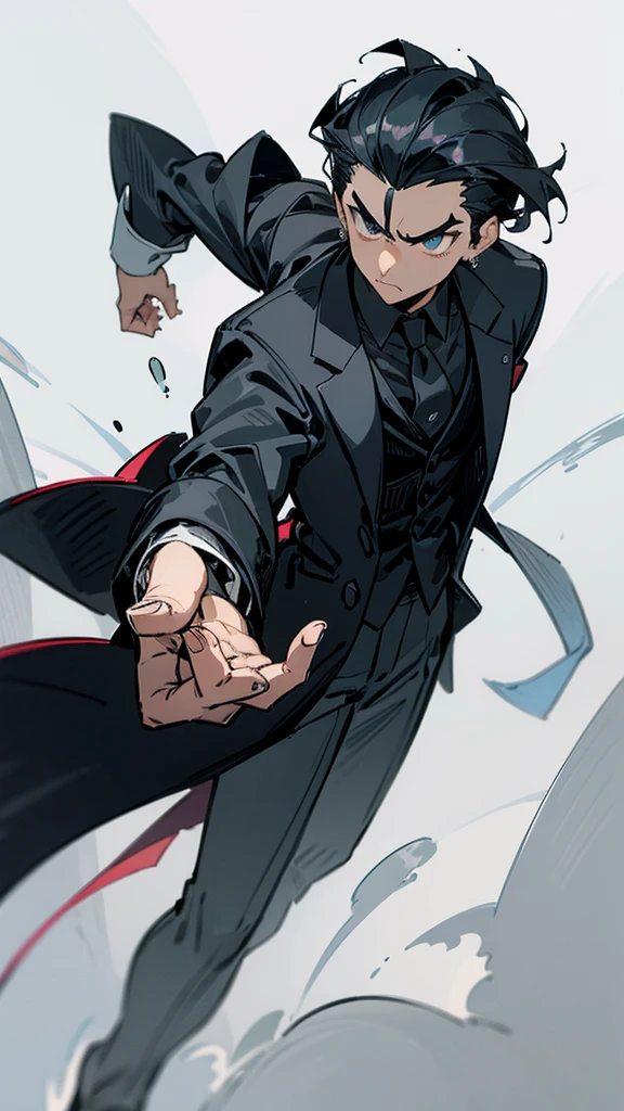 Narrow droopy eyes, man, black hair, bangs up, formal attire, medieval, fantasy, muscular, character drawing, Cool vigilante intimidating 、front facing vertical face Man with big eyes facing forward  、Slicked back short hair